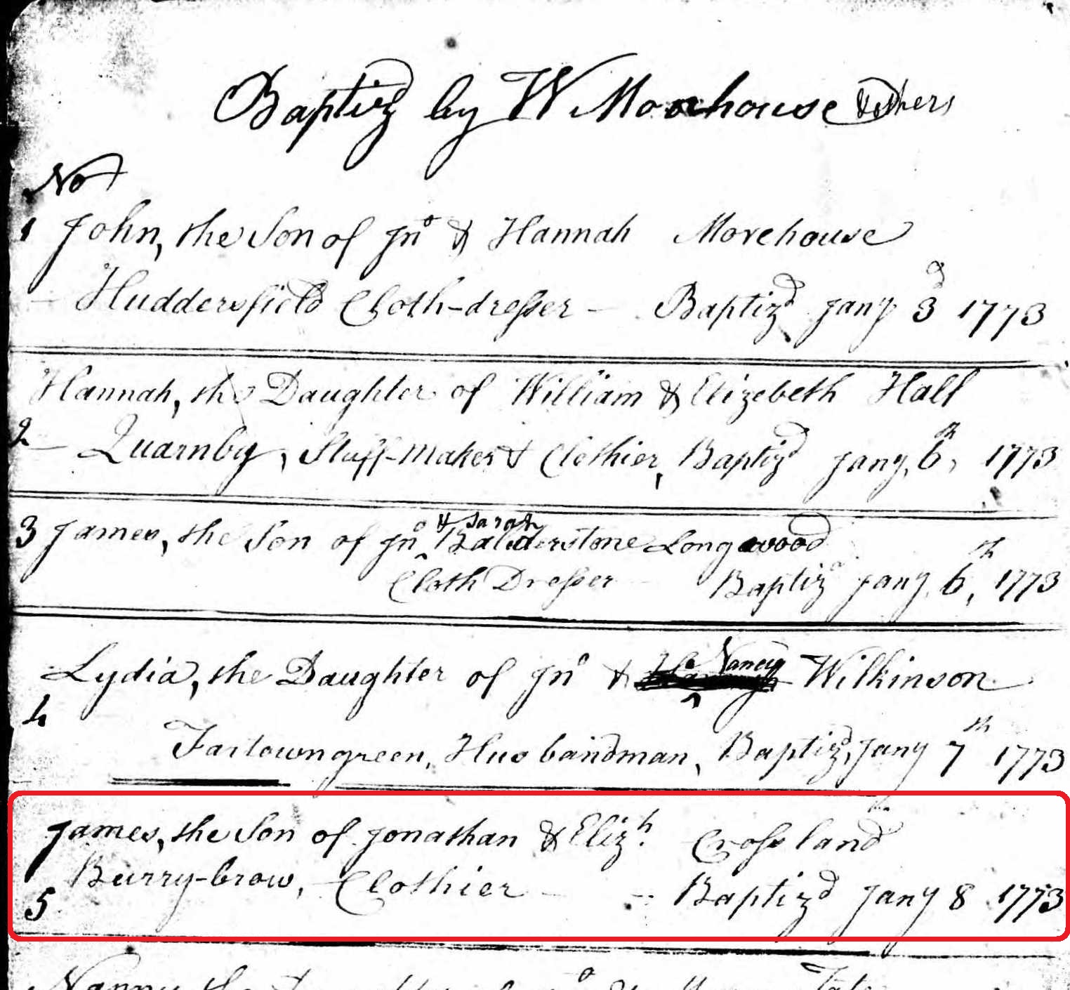 Taken on January 8th, 1773 and sourced from Certificate - Baptism.