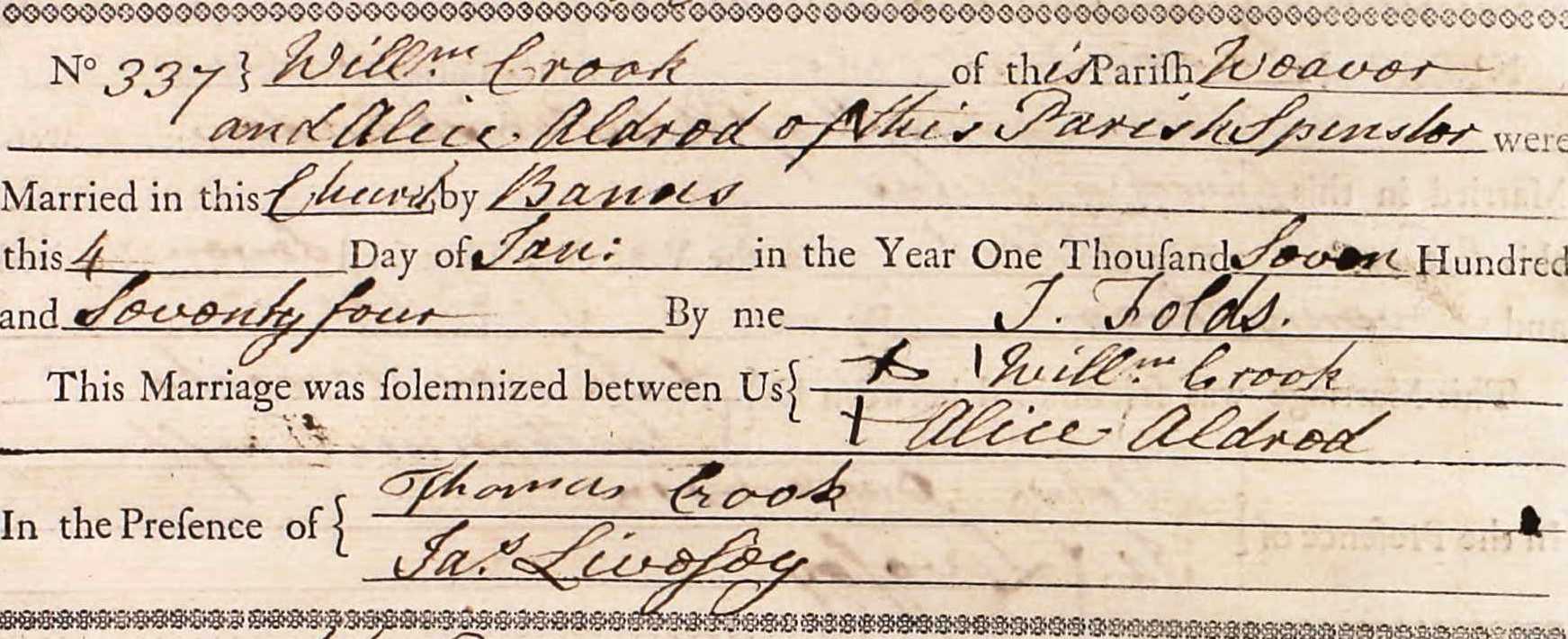 Taken on January 4th, 1774 and sourced from Certificate - Marriage.