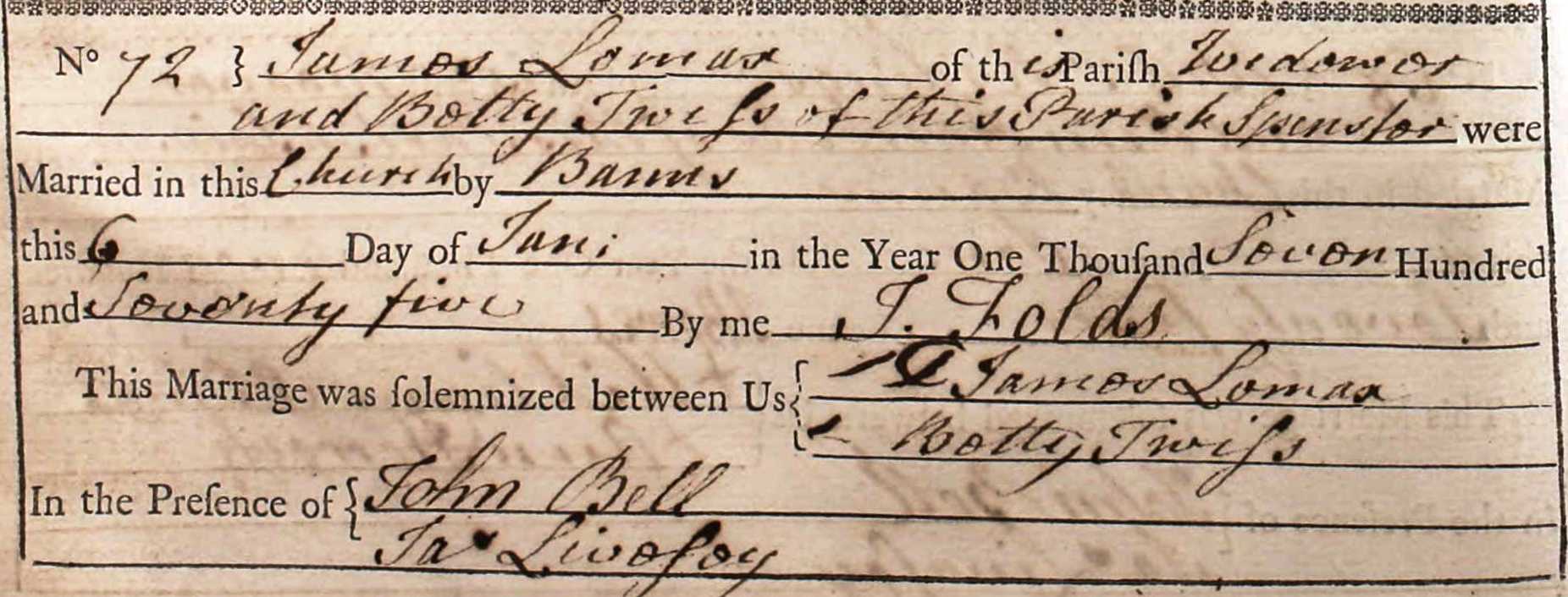 Taken on January 6th, 1775 and sourced from Certificate - Marriage.