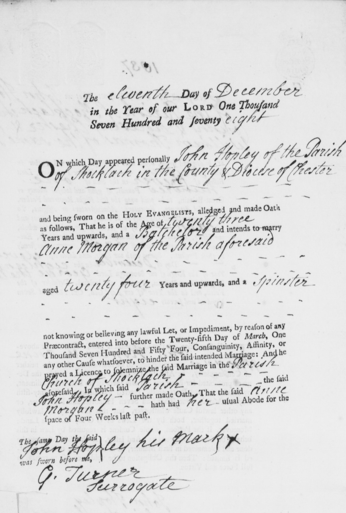 Taken on December 11th, 1778 in Shocklach and sourced from Certificate - Banns / License.