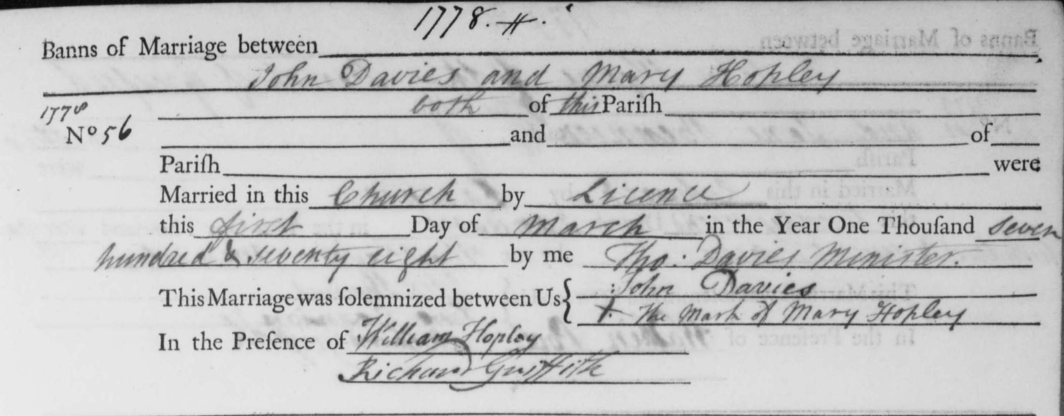 Taken on March 1st, 1778 in Shocklach and sourced from Certificate - Marriage.