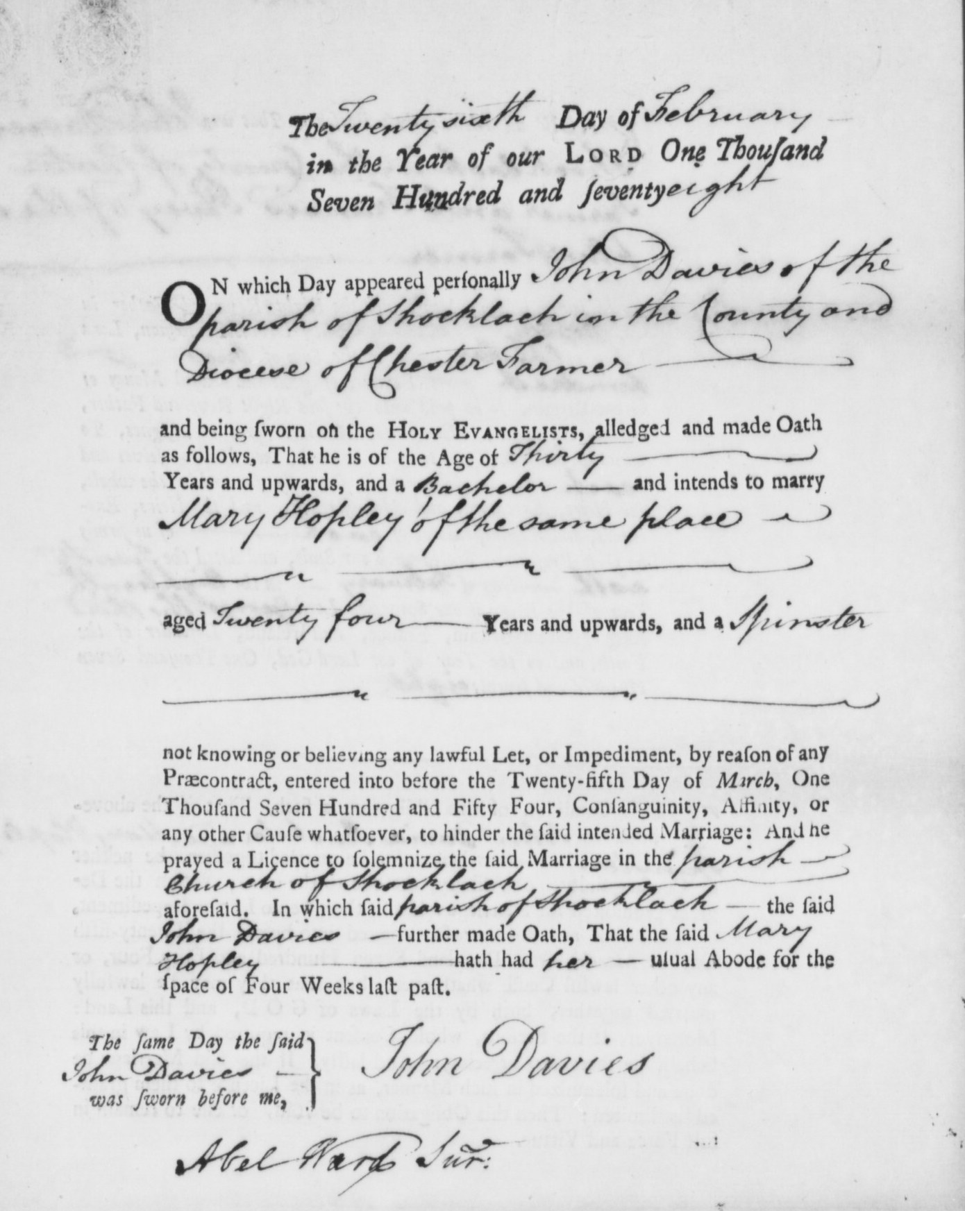 Taken on February 26th, 1778 in Shocklach and sourced from Certificate - Banns / License.