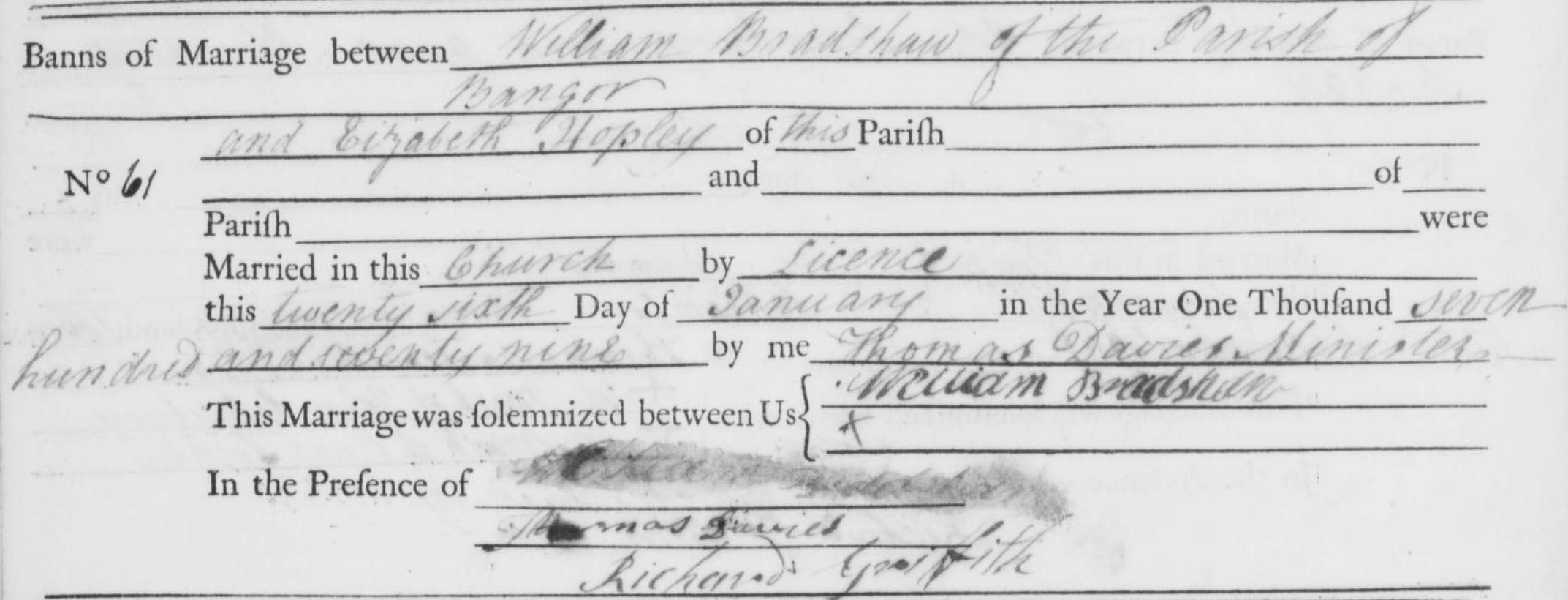 Taken on January 26th, 1779 in Shocklach and sourced from Certificate - Marriage.