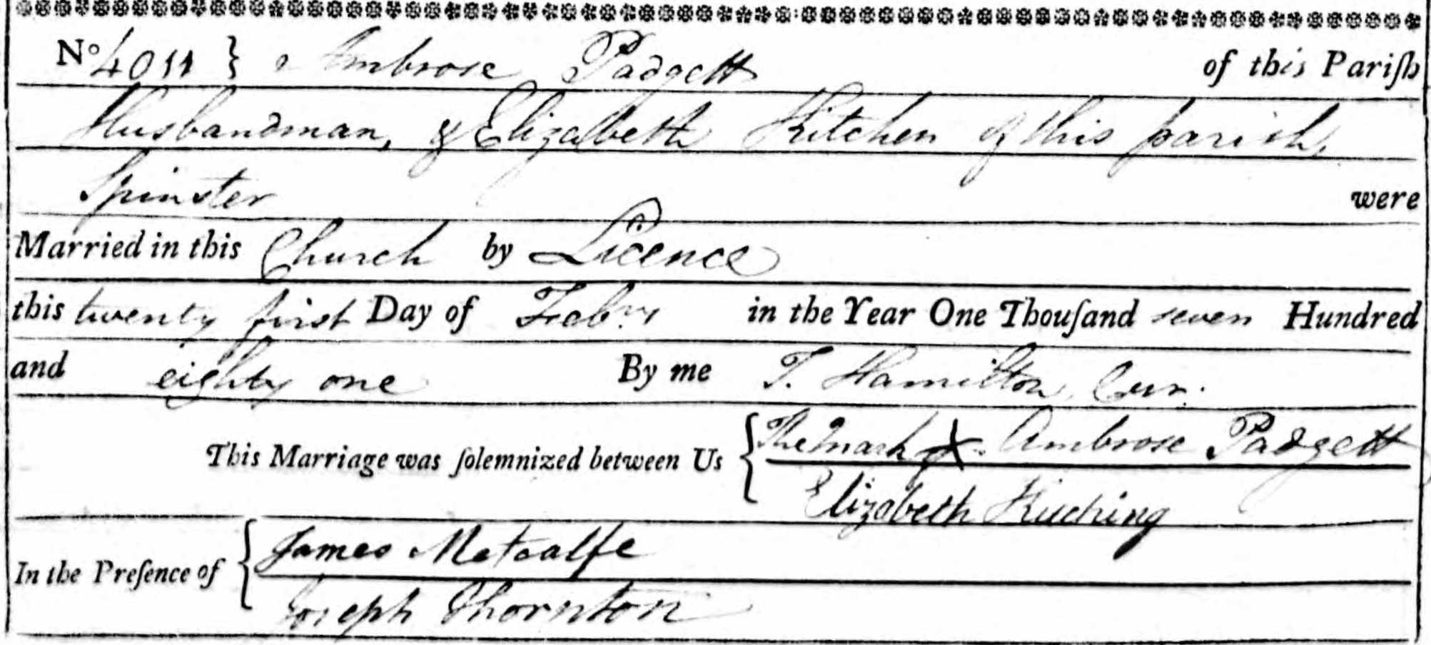 Taken on February 21st, 1781 and sourced from Certificate - Marriage.