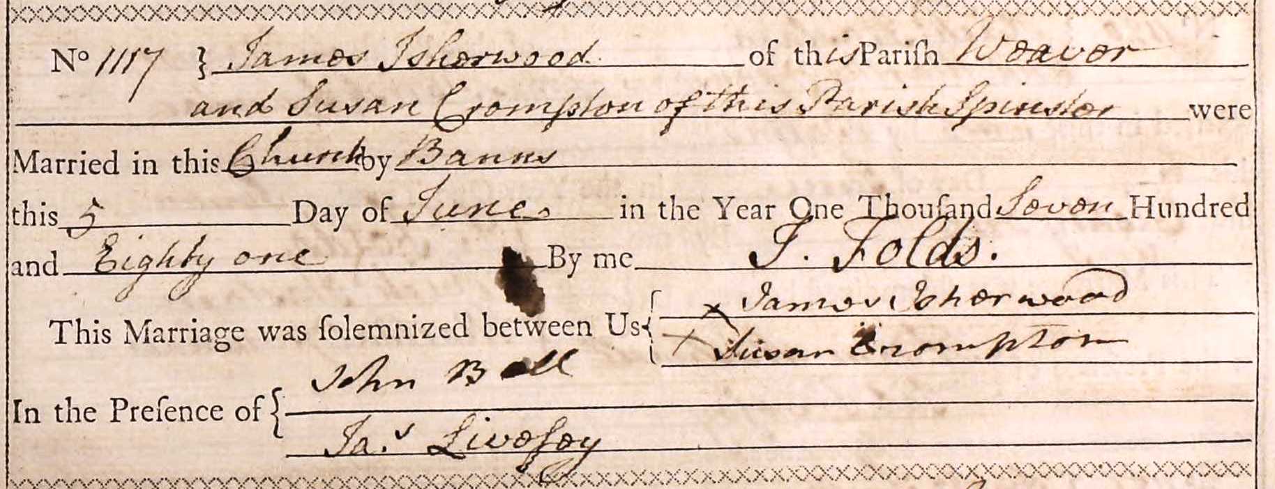 Taken on June 5th, 1781 and sourced from Certificate - Marriage.