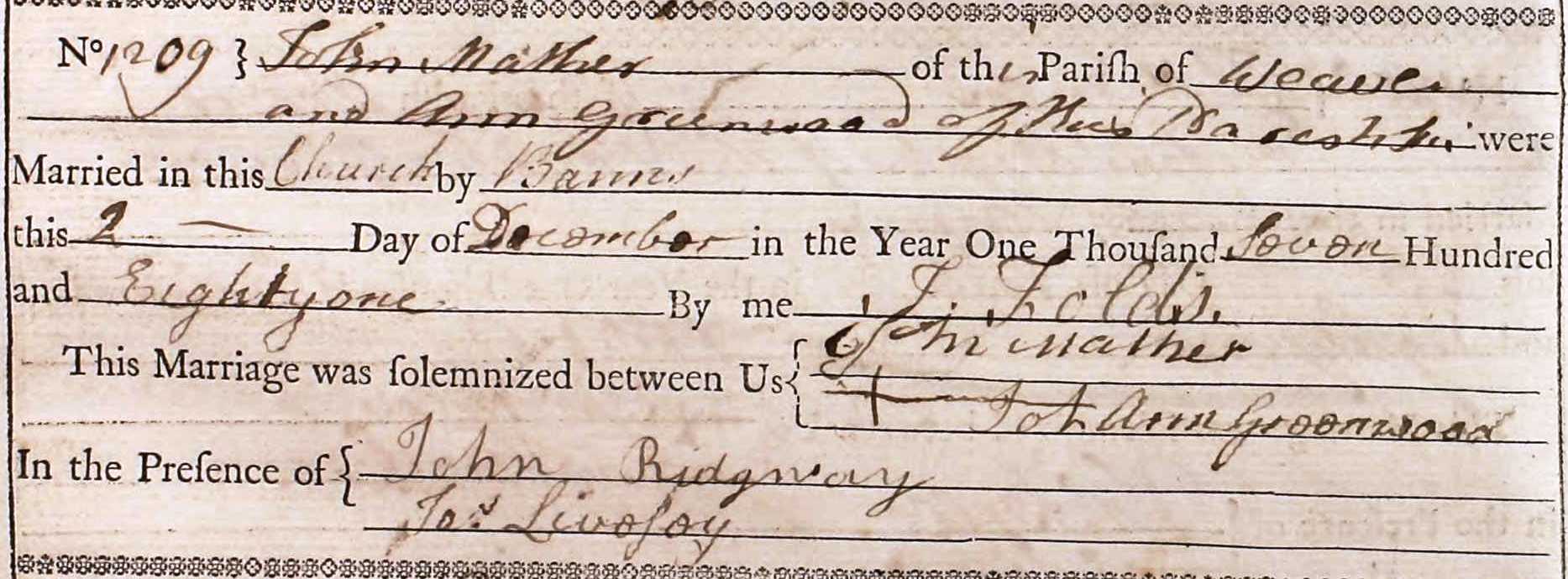 Taken on December 2nd, 1781 and sourced from Certificate - Marriage.