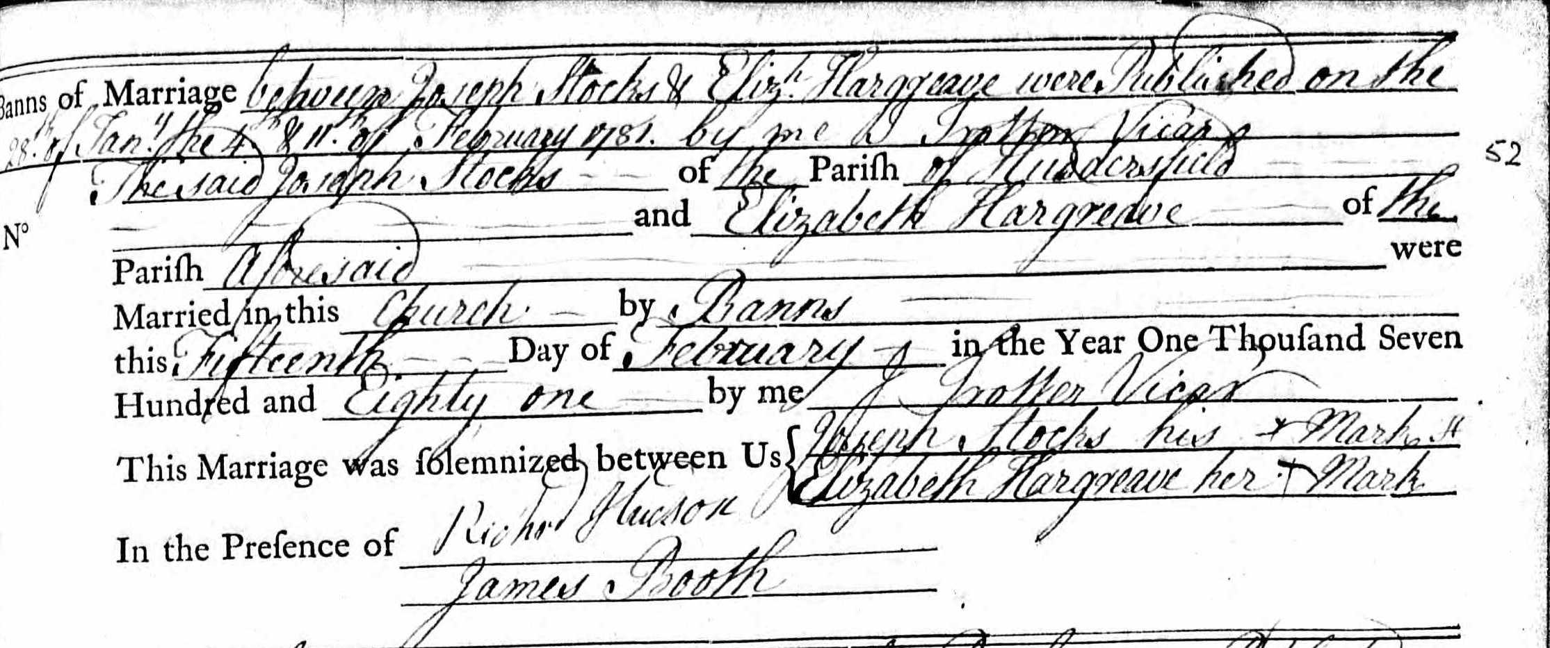 Taken in 1781 and sourced from Certificate - Banns / License.