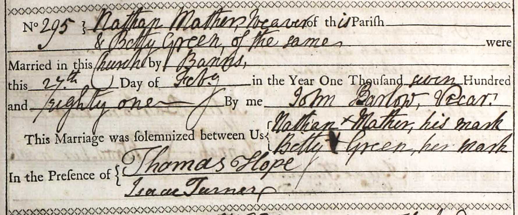 Taken on February 27th, 1781 and sourced from Certificate - Marriage.