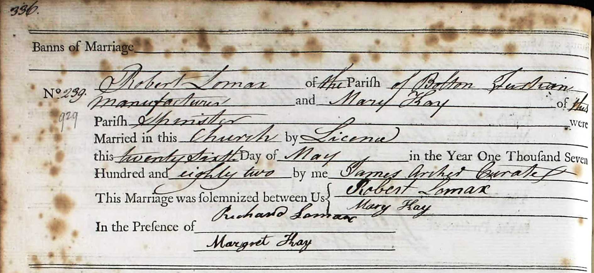 Taken on May 26th, 1782 and sourced from Certificate - Marriage.