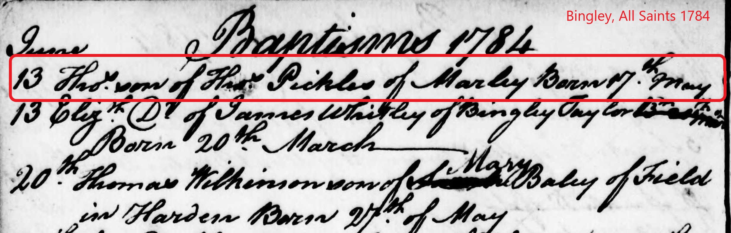 Taken in June 1785 at All Saints (Bingley) and sourced from Certificate - Baptism.