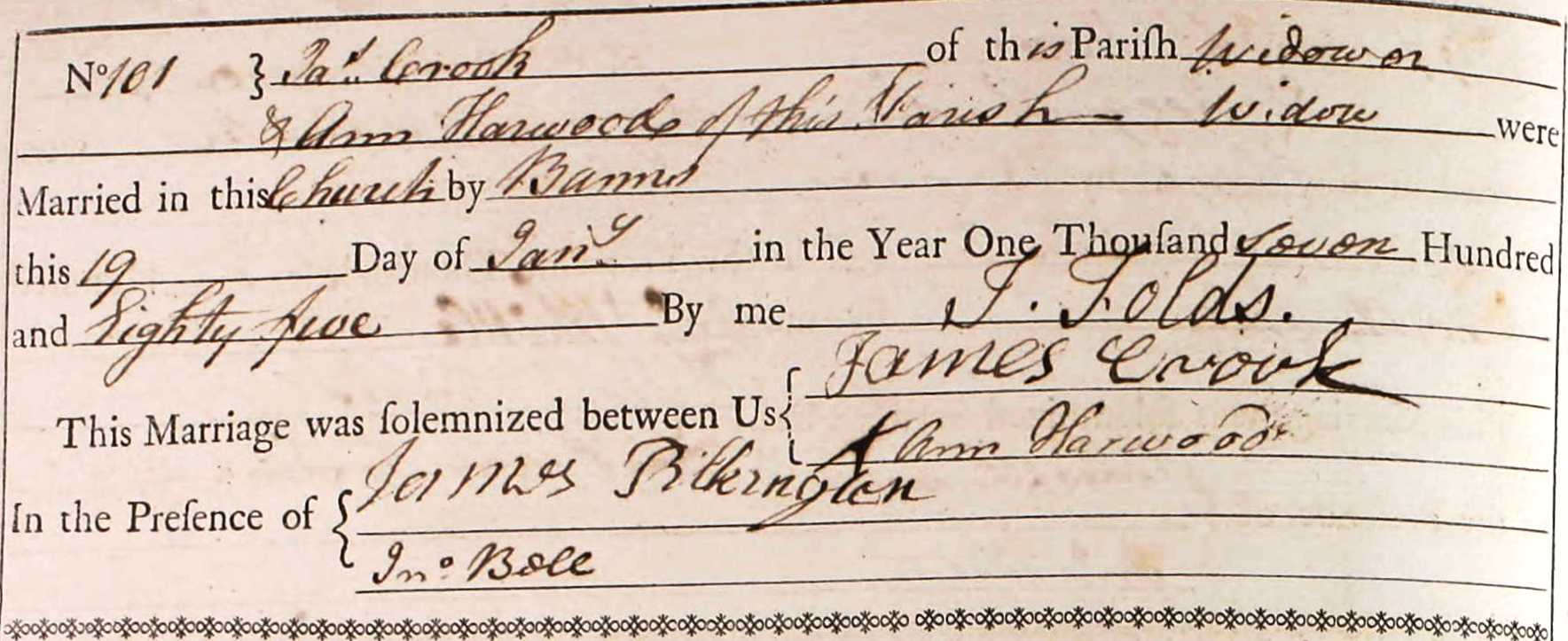 Taken on January 19th, 1785 and sourced from Certificate - Marriage.