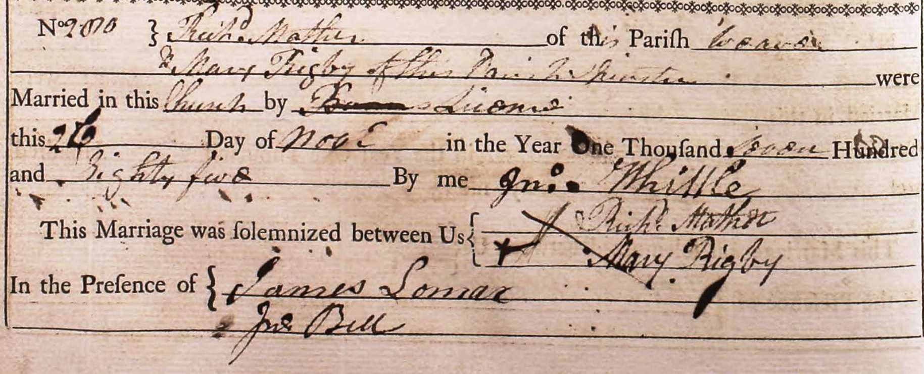 Taken on November 26th, 1785 in Bolton and sourced from Certificate - Marriage.