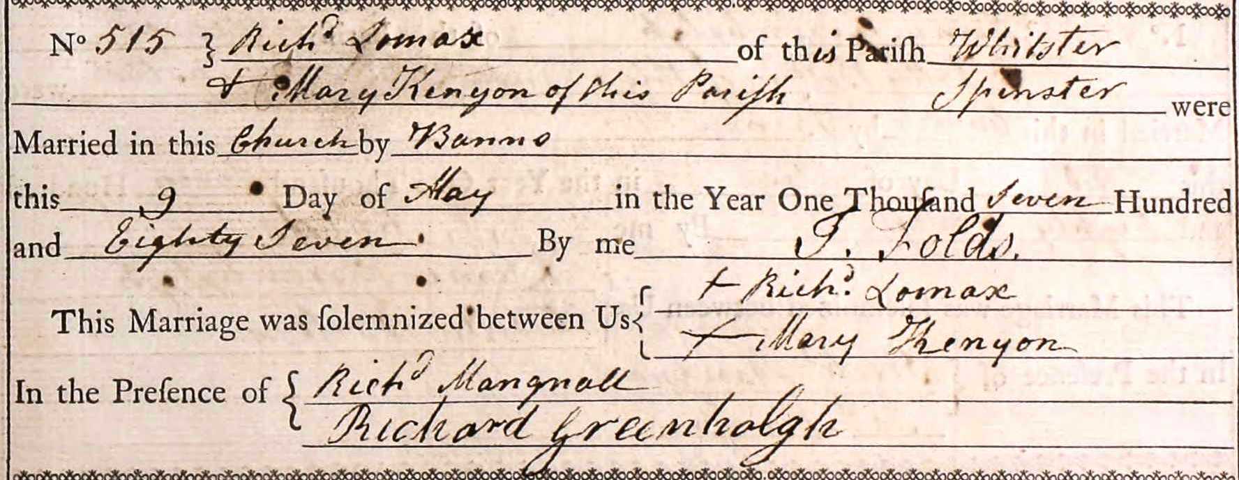 Taken on May 9th, 1787 and sourced from Certificate - Marriage.