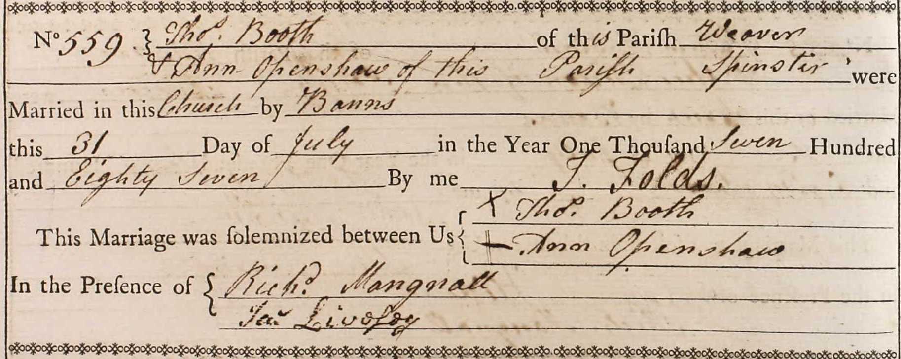 Taken on July 31st, 1787 and sourced from Certificate - Marriage.