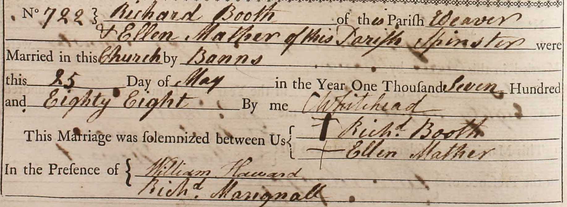 Taken in 1788 and sourced from Certificate - Marriage.