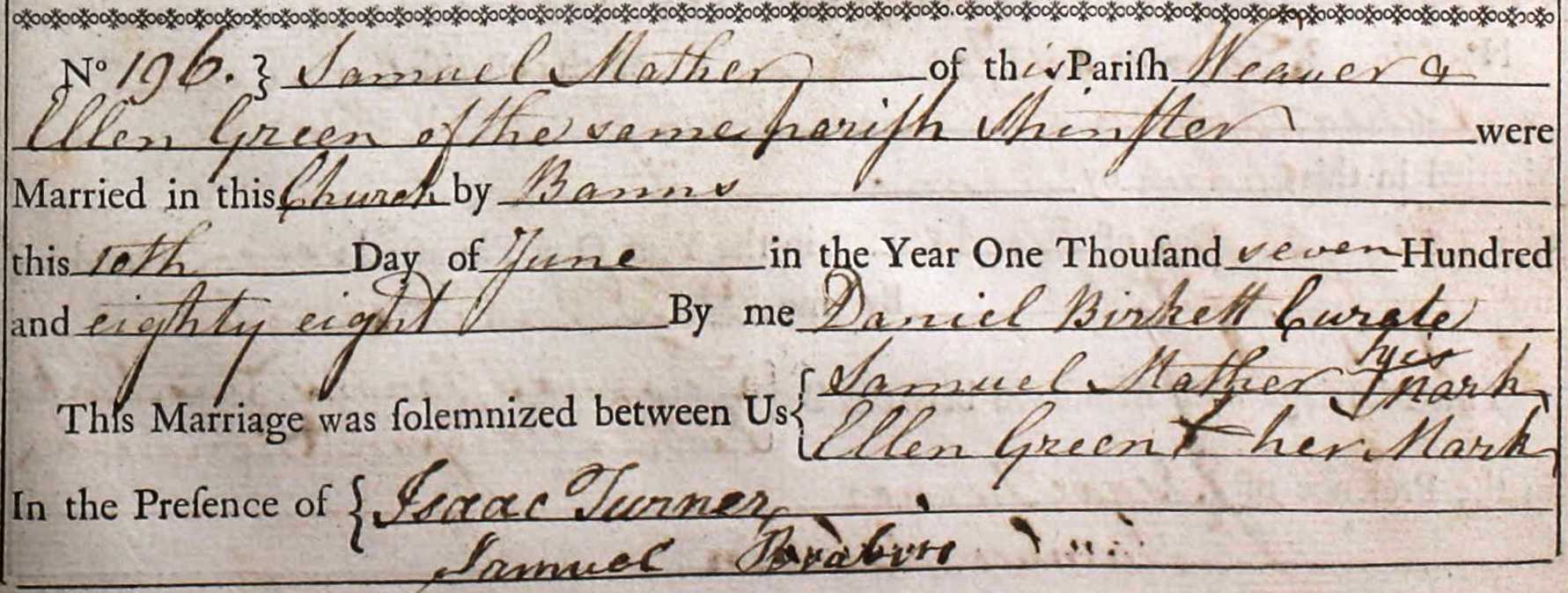 Taken on June 10th, 1788 and sourced from Certificate - Marriage.