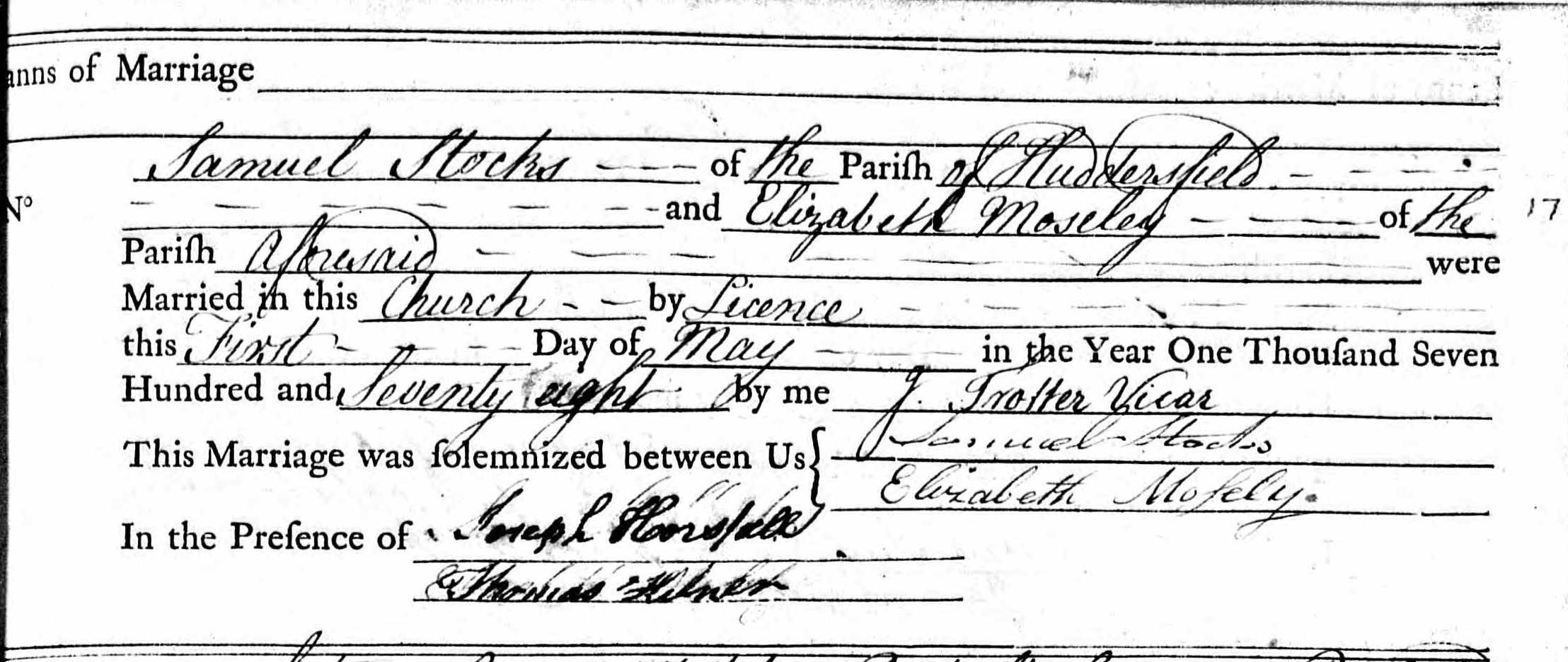 Taken on May 3rd, 1778 and sourced from Certificate - Banns / License.