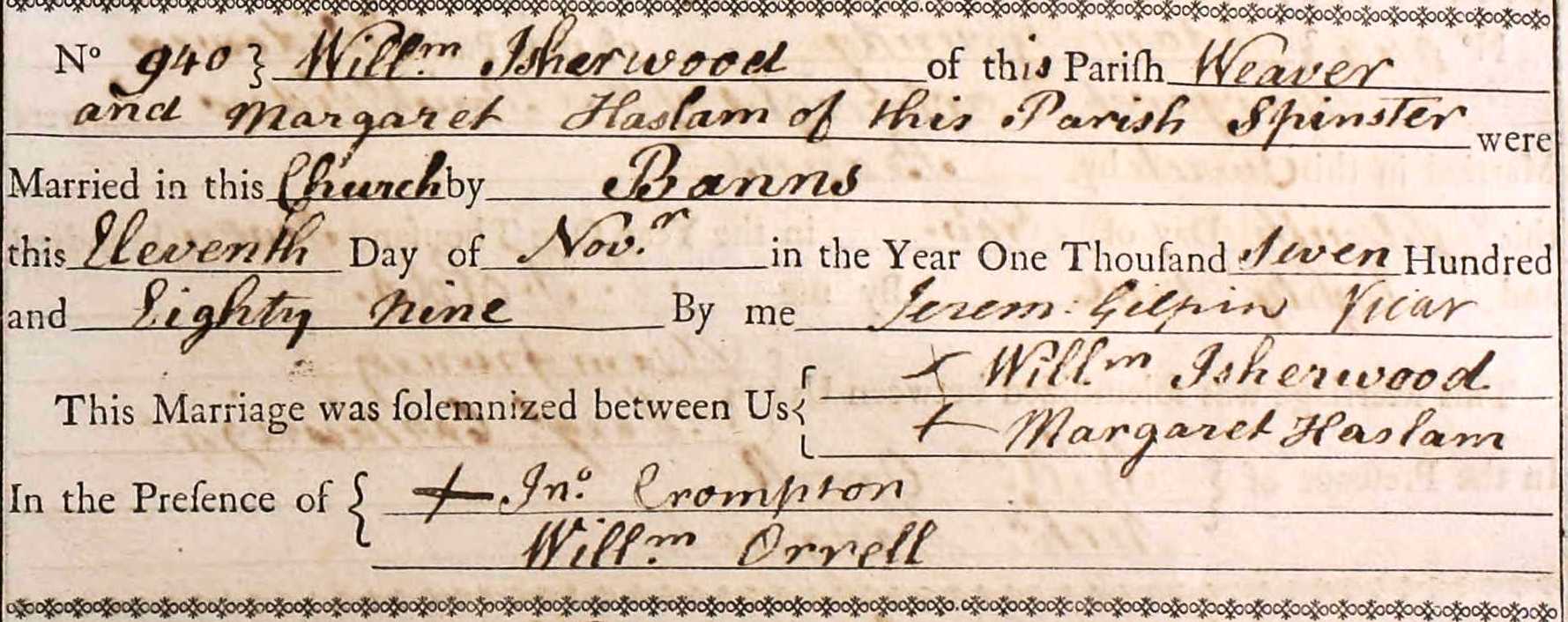 Taken on November 11th, 1789 and sourced from Certificate - Marriage.