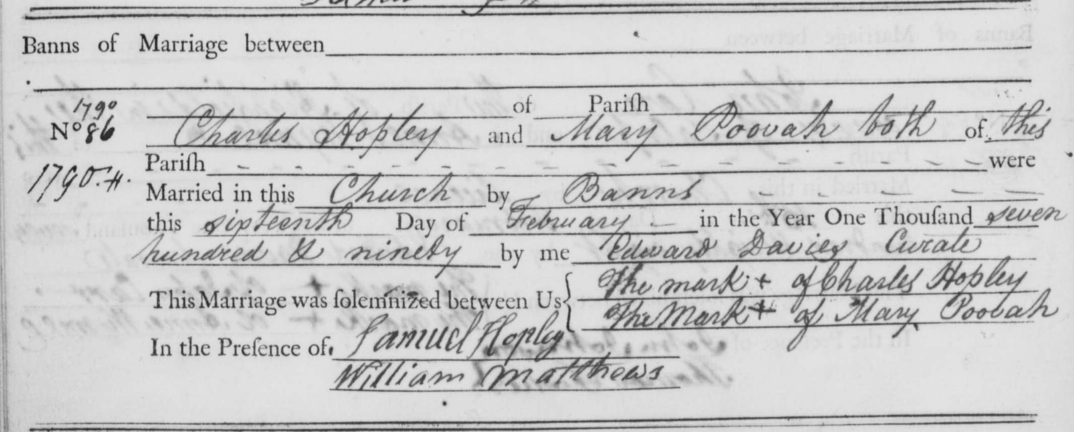 Taken on February 16th, 1790 in Shocklach and sourced from Certificate - Marriage.