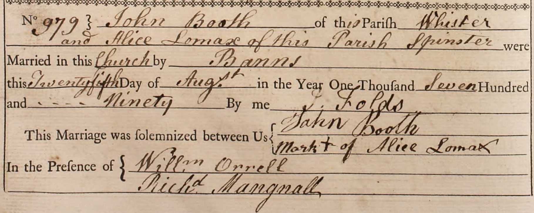 Taken on August 25th, 1790 and sourced from Certificate - Marriage.