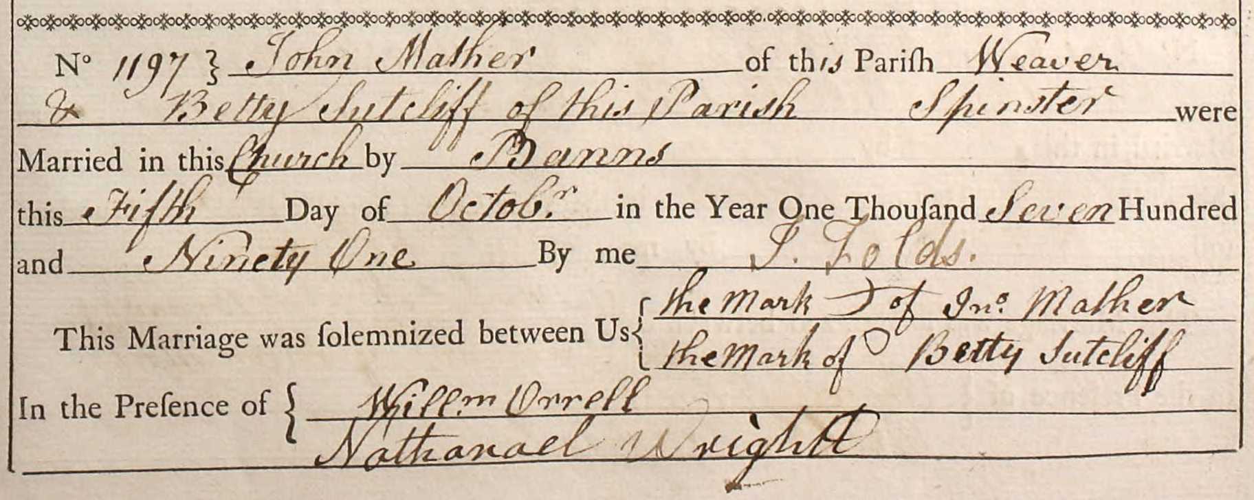 Taken in 1791 and sourced from Certificate - Marriage.