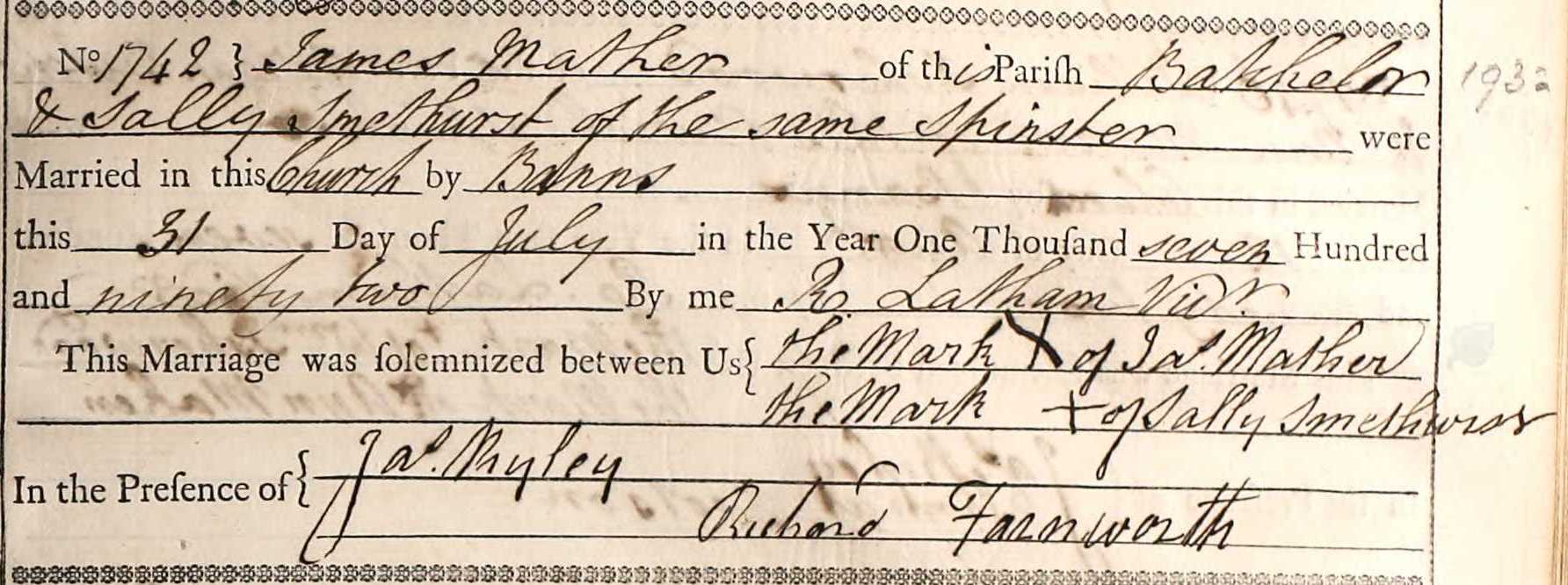 Taken on July 31st, 1792 and sourced from Certificate - Marriage.