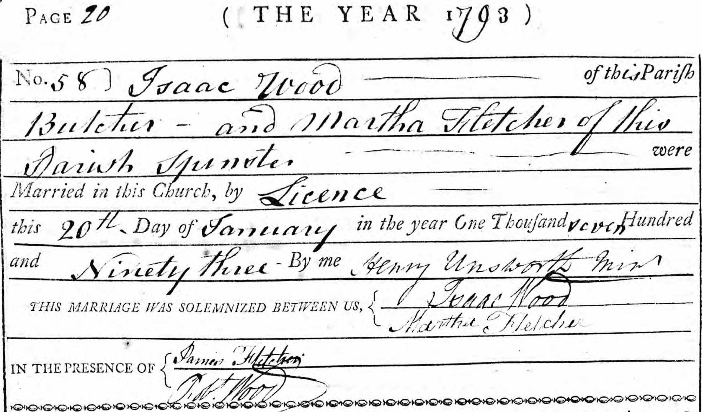 Taken on January 20th, 1793 and sourced from Certificate - Marriage.