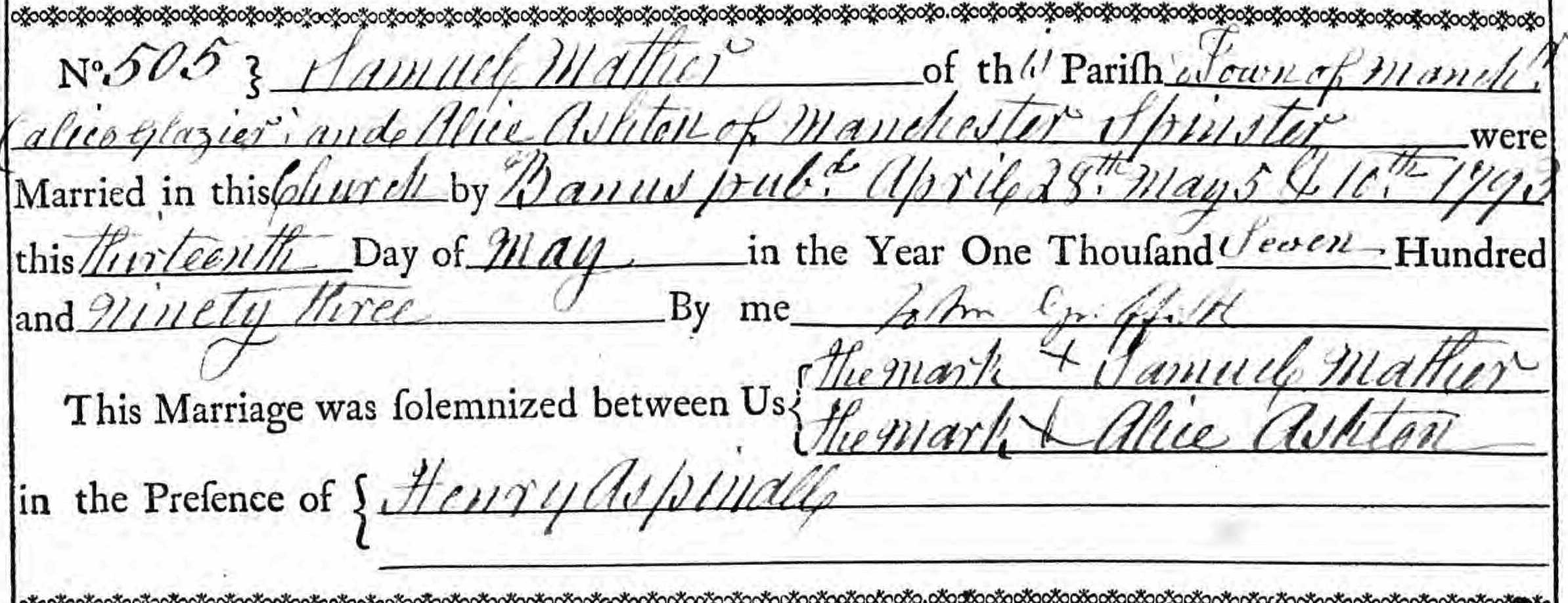 Taken on May 13th, 1793 and sourced from Certificate - Marriage.