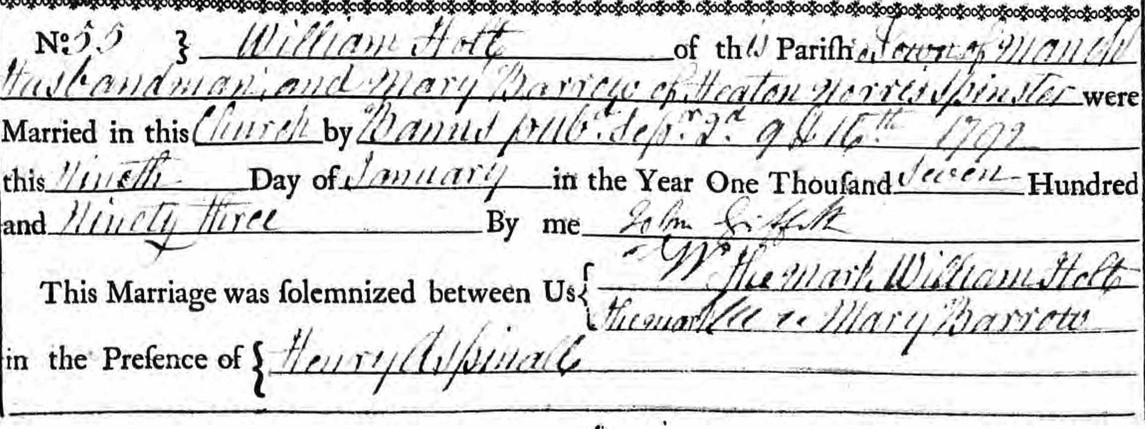 Taken on January 9th, 1793 and sourced from Certificate - Marriage.