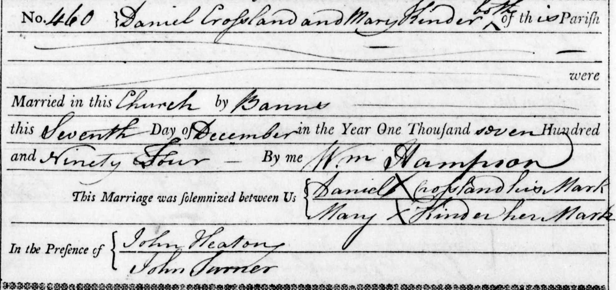 Taken on December 7th, 1794 in Almondbury and sourced from Certificate - Marriage.