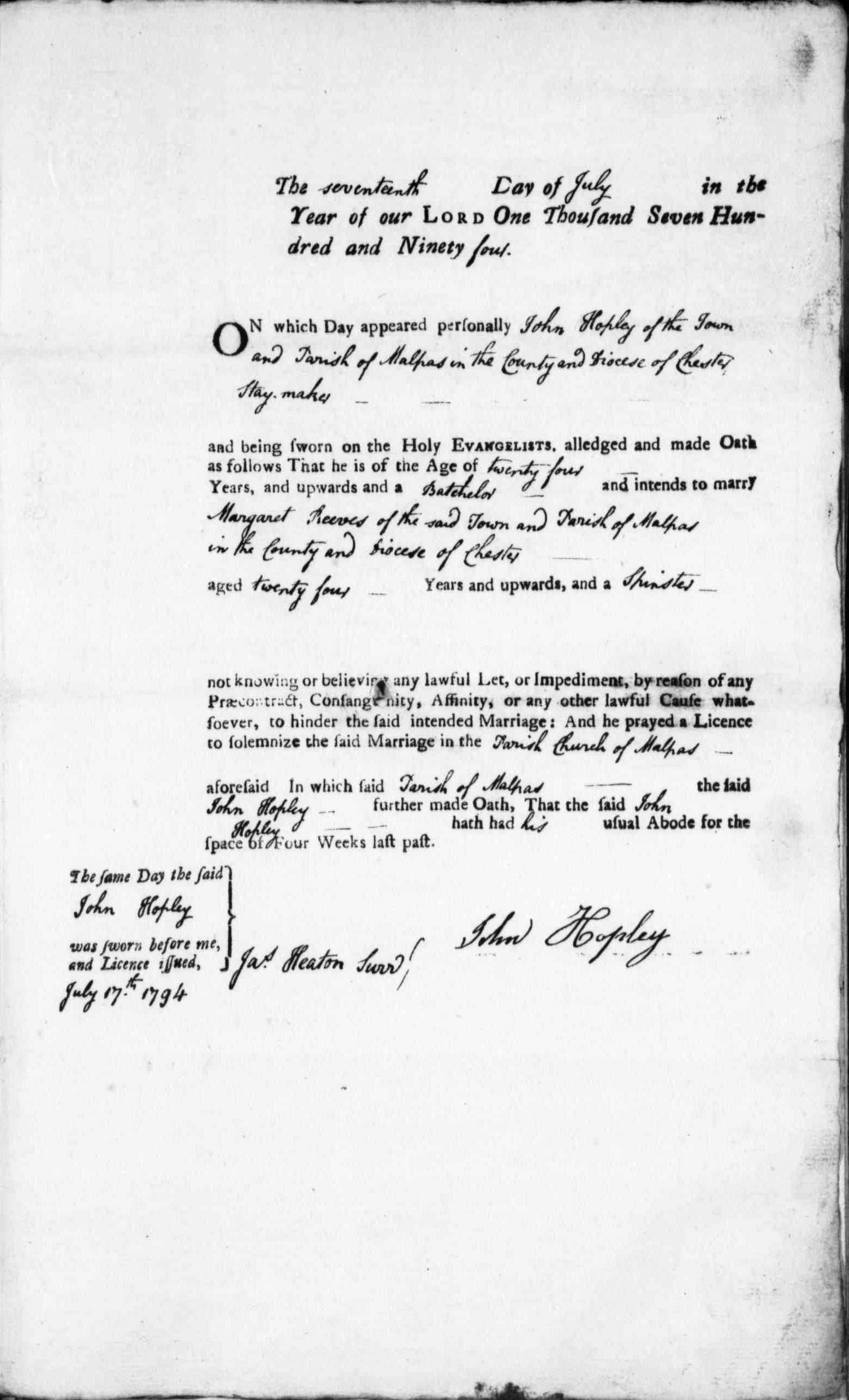 Taken on July 17th, 1794 and sourced from Certificate - Banns / License.