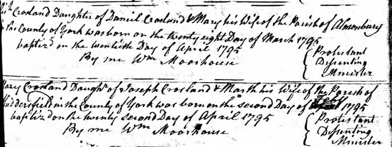 Taken in 1795 and sourced from Certificate - Baptism.