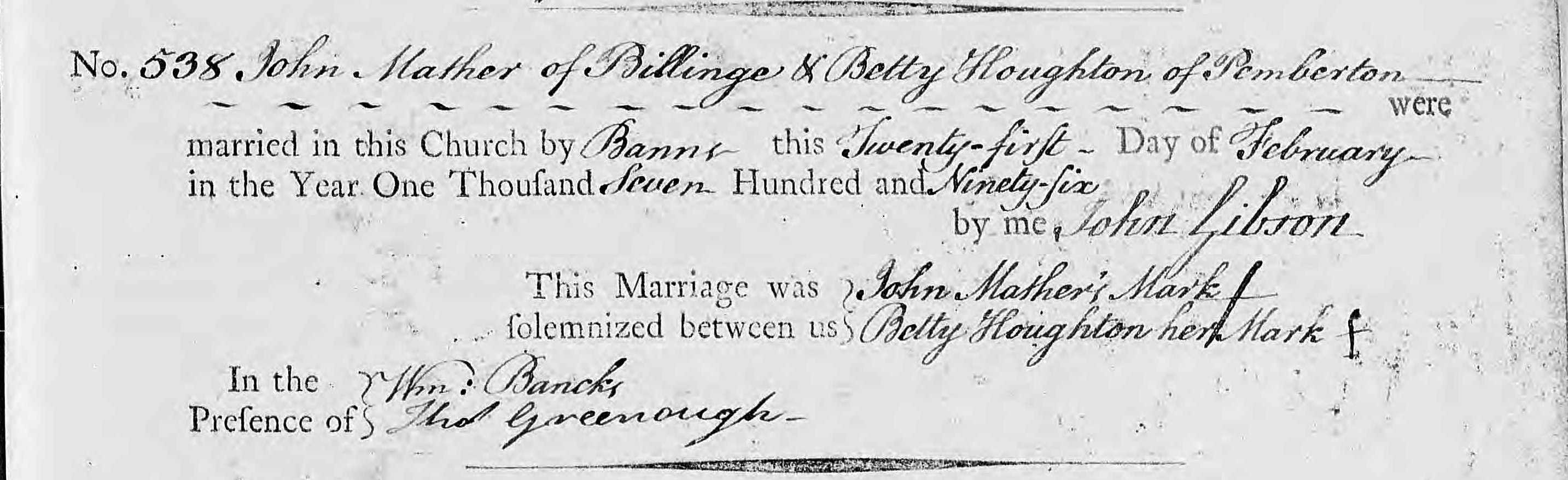 Taken on February 21st, 1796 and sourced from Certificate - Marriage.