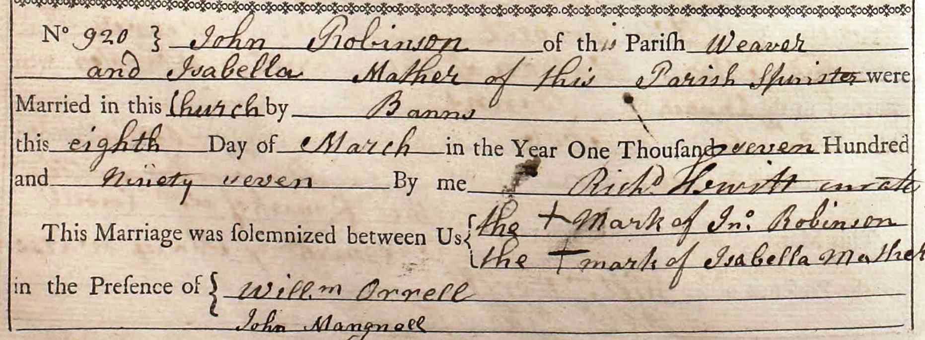 Taken on March 8th, 1797 and sourced from Certificate - Marriage.