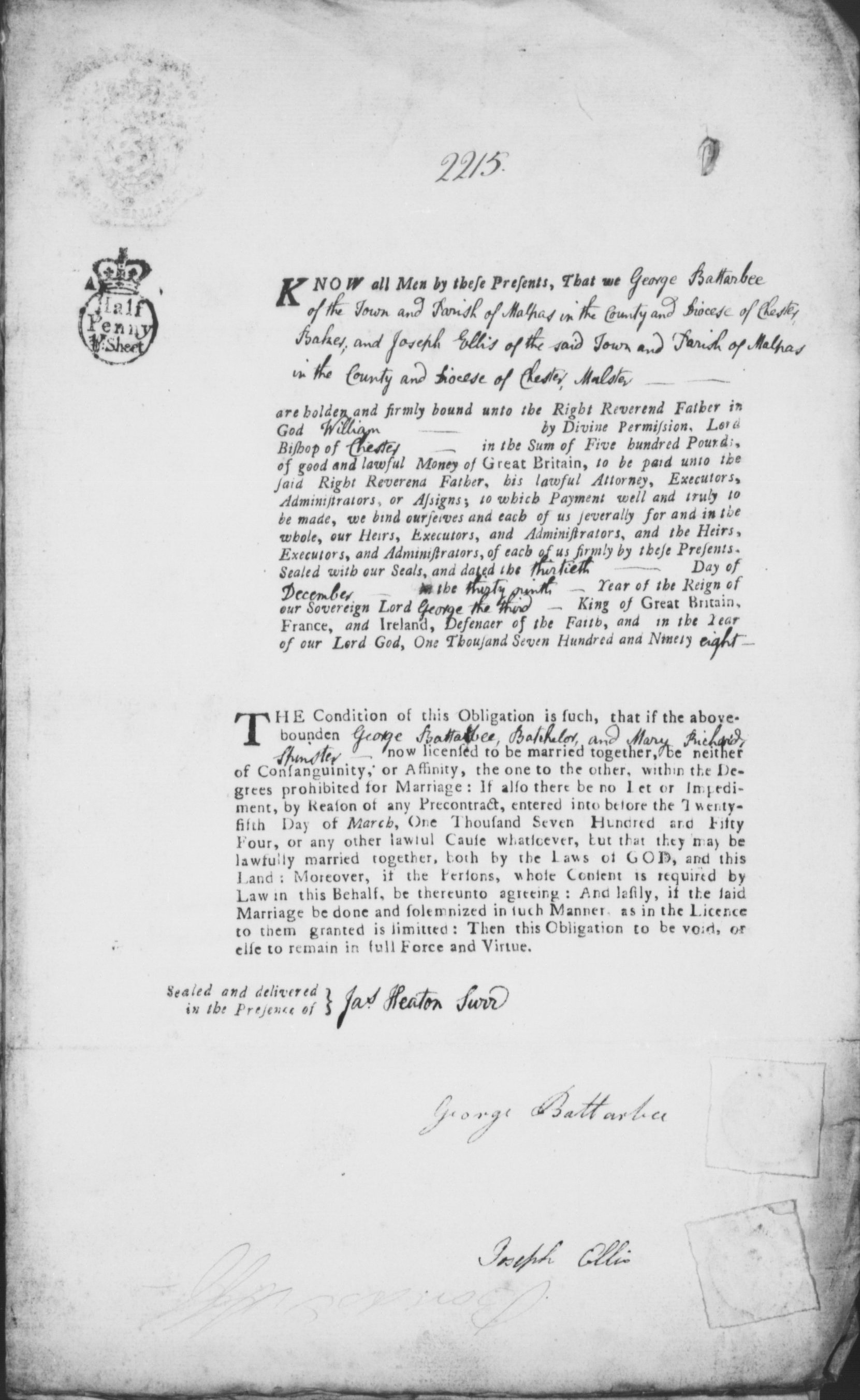 Taken on December 17th, 1798 in Malpas and sourced from Certificate - Banns / License.