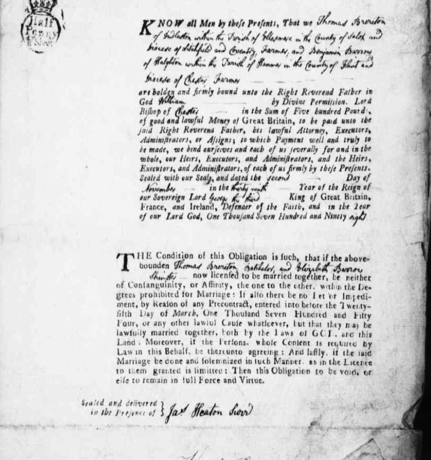 Taken on May 27th, 1794 and sourced from Certificate - Banns / License.