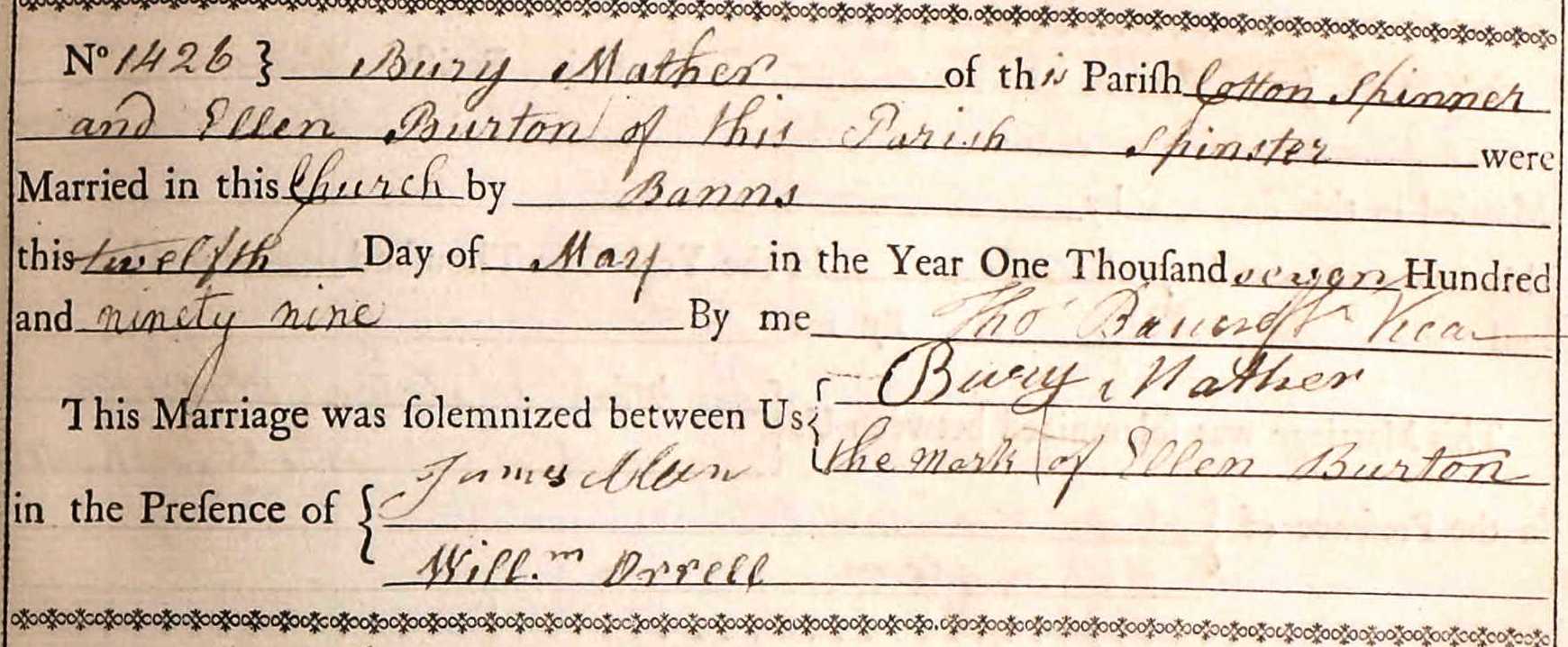 Taken on May 12th, 1799 and sourced from Certificate - Marriage.