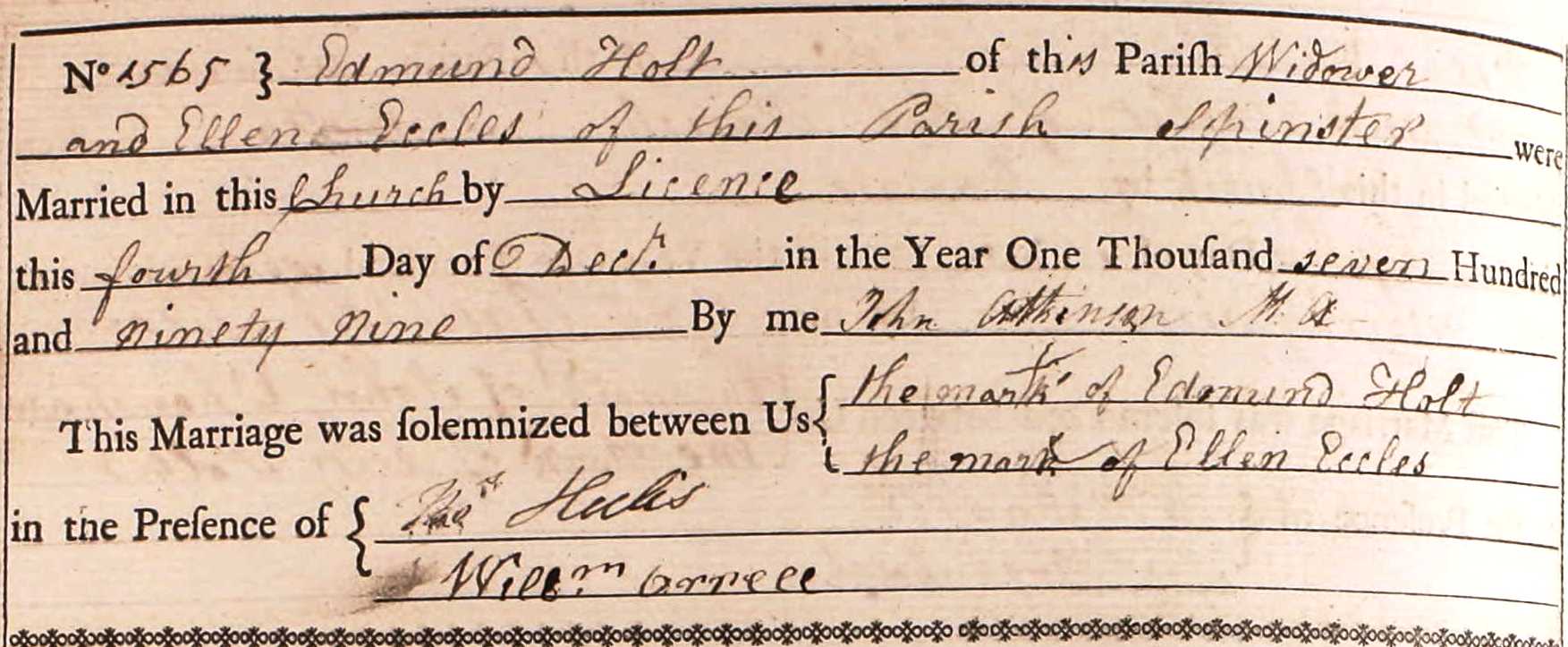 Taken on December 4th, 1799 and sourced from Certificate - Marriage.