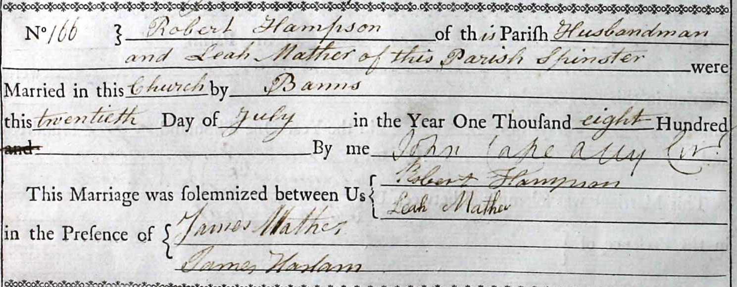 Taken on July 20th, 1800 and sourced from Certificate - Marriage.