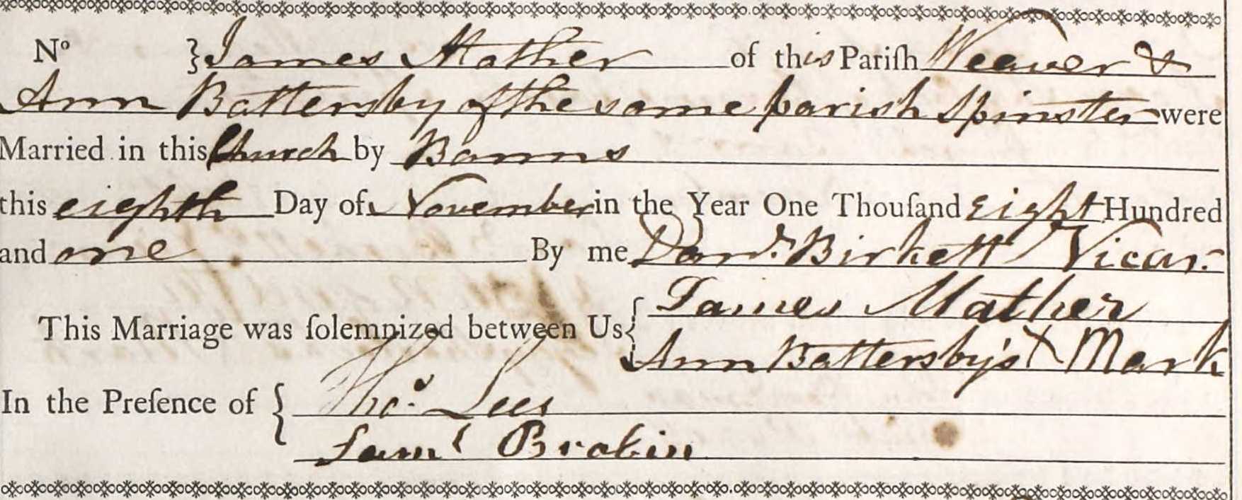 Taken on November 8th, 1801 and sourced from Certificate - Marriage.