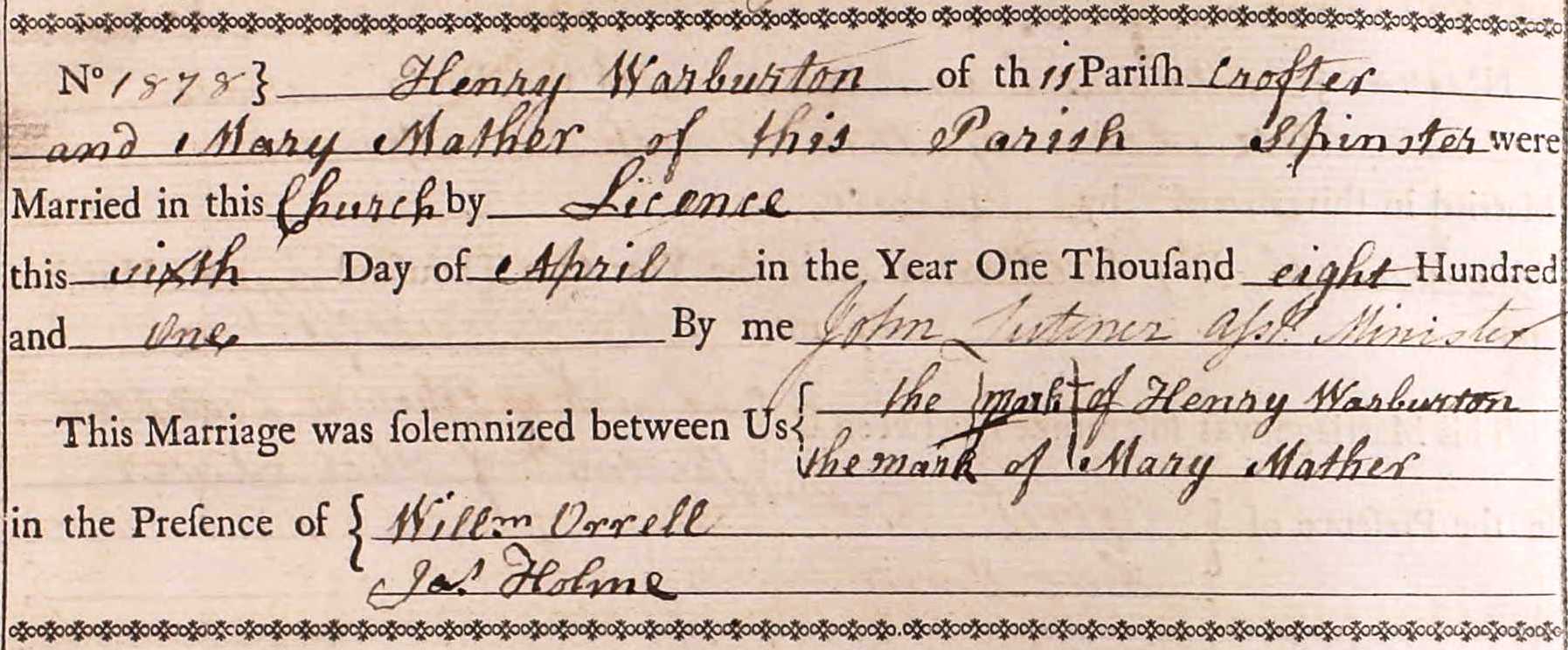 Taken on April 6th, 1801 and sourced from Certificate - Marriage.