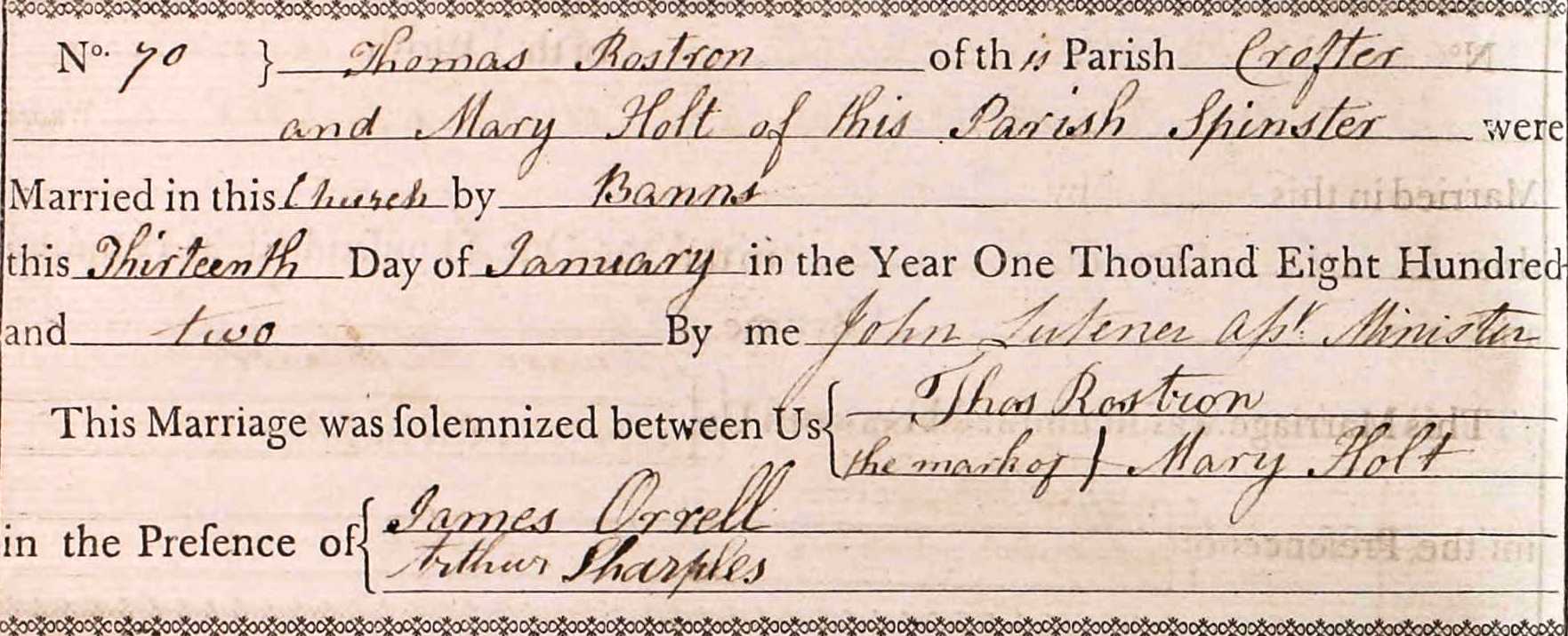 Taken on January 13th, 1802 and sourced from Certificate - Marriage.