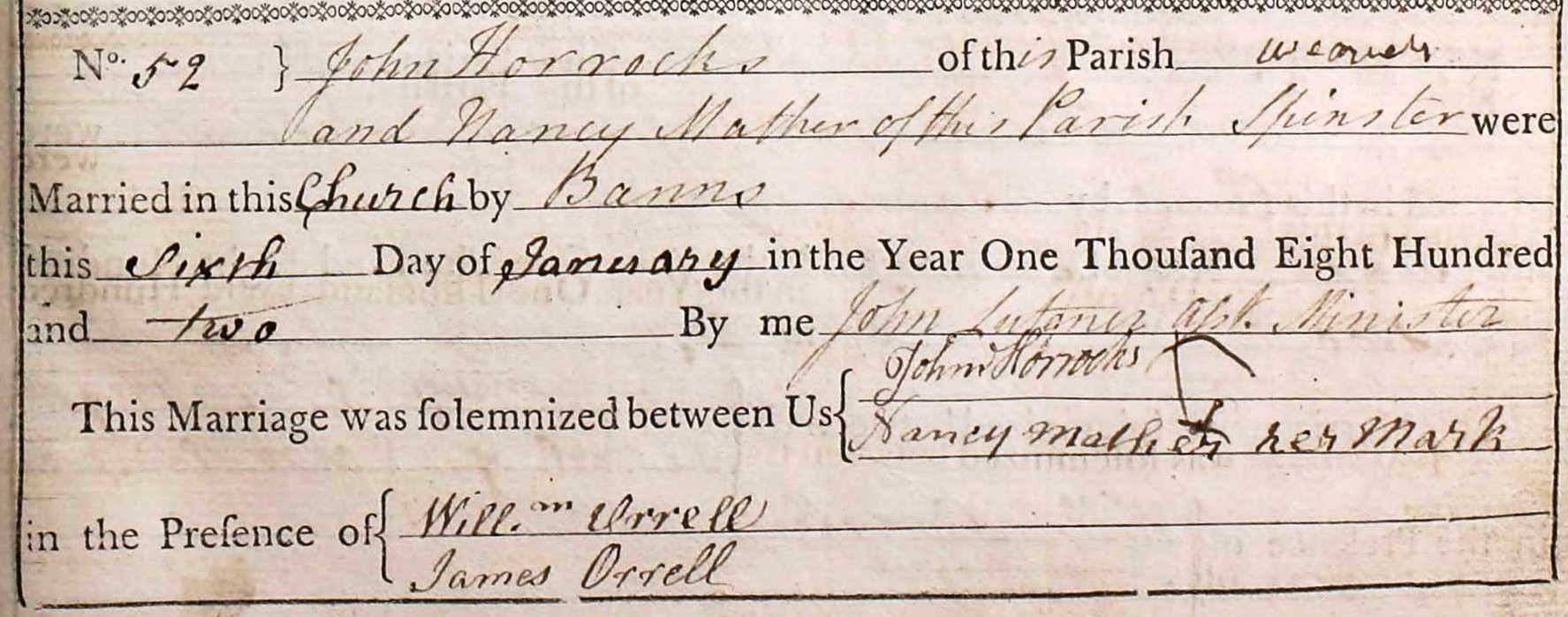 Taken on January 6th, 1802 and sourced from Certificate - Marriage.