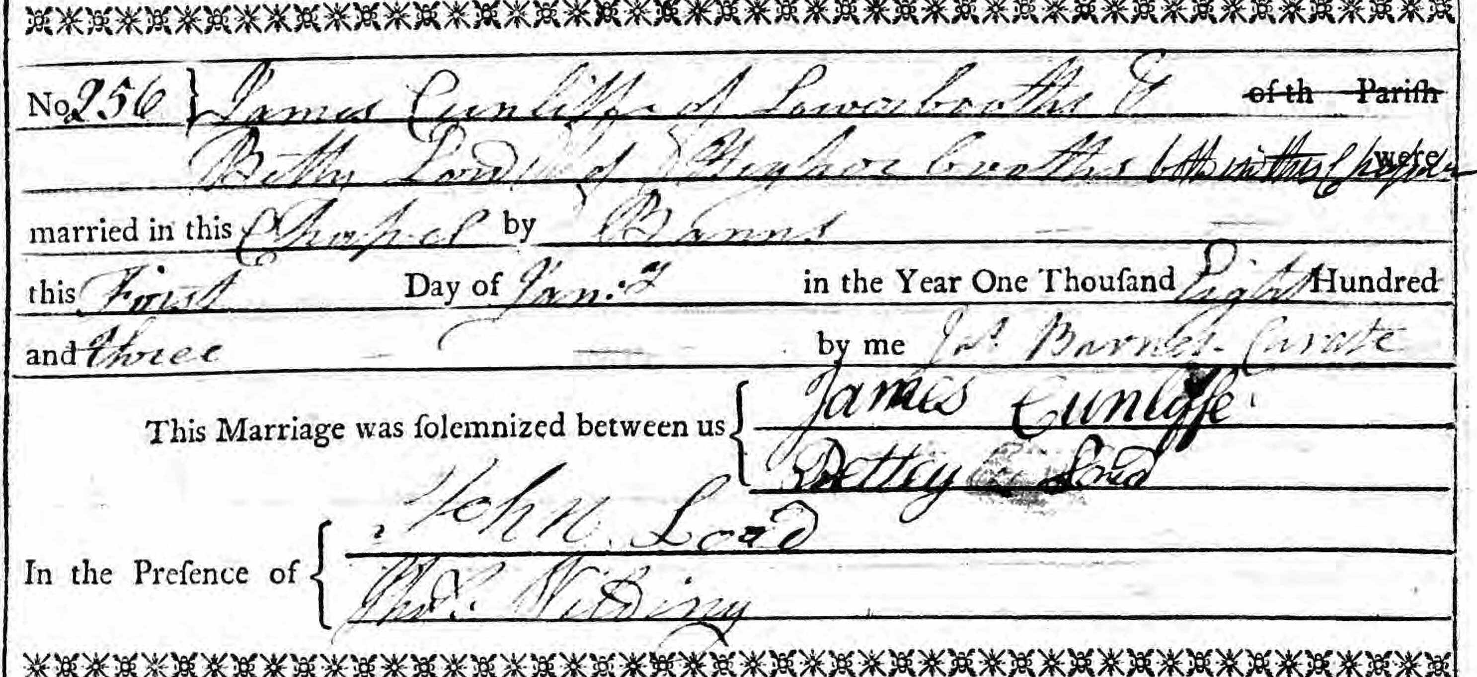 Taken on January 1st, 1803 and sourced from Certificate - Marriage.