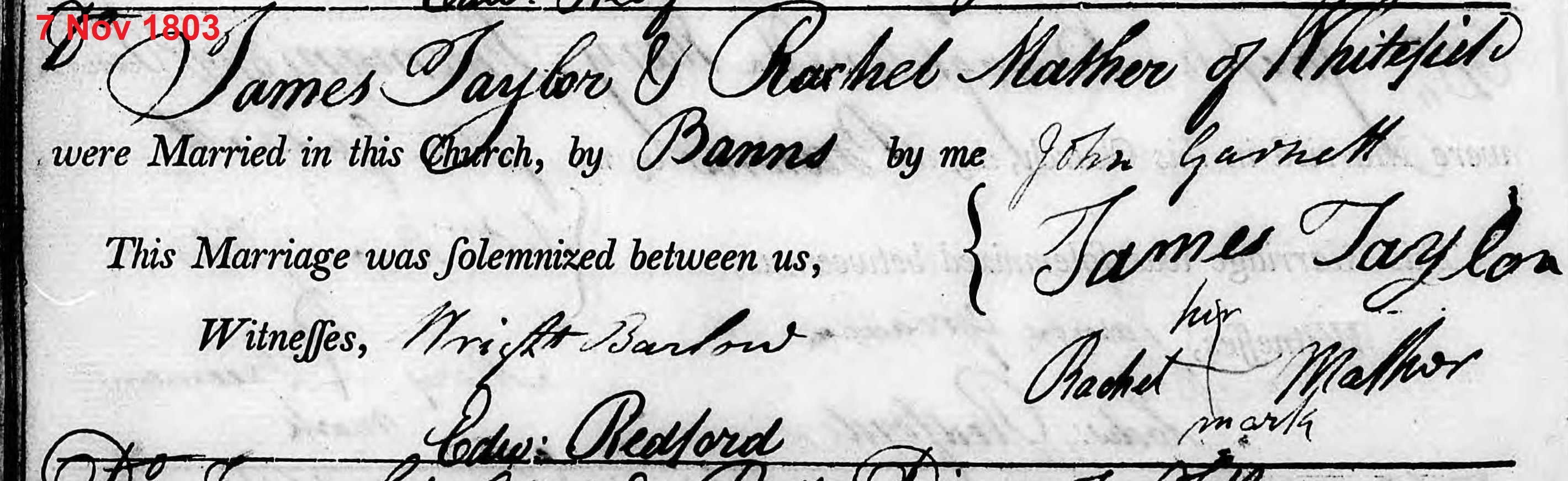 Taken on November 7th, 1803 and sourced from Certificate - Marriage.