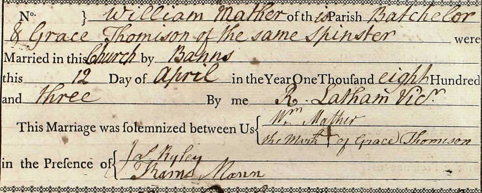 Taken on April 12th, 1803 and sourced from Certificate - Marriage.