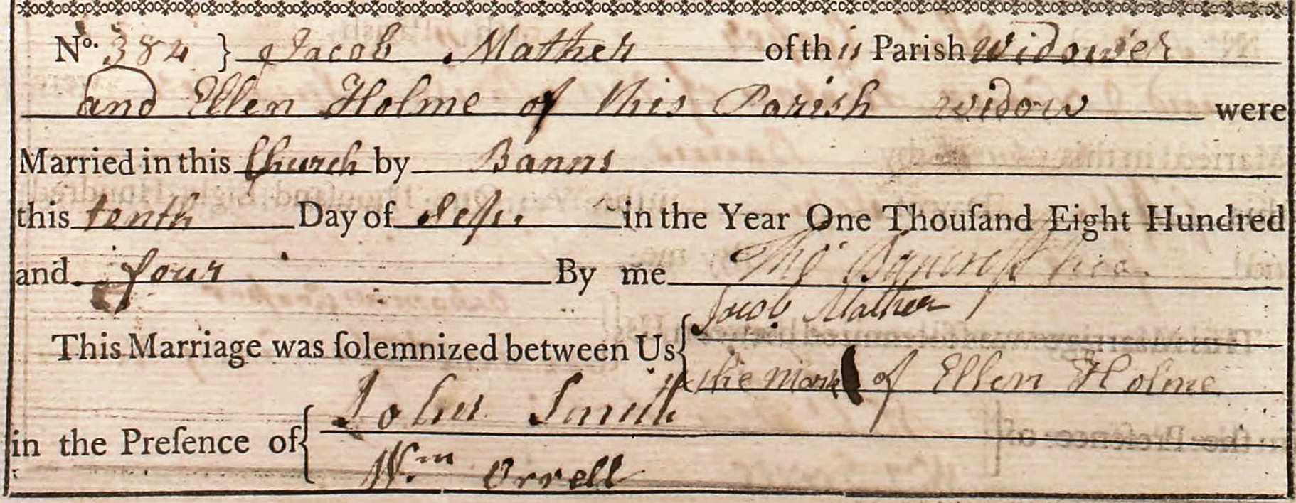 Taken on September 10th, 1804 and sourced from Certificate - Marriage.