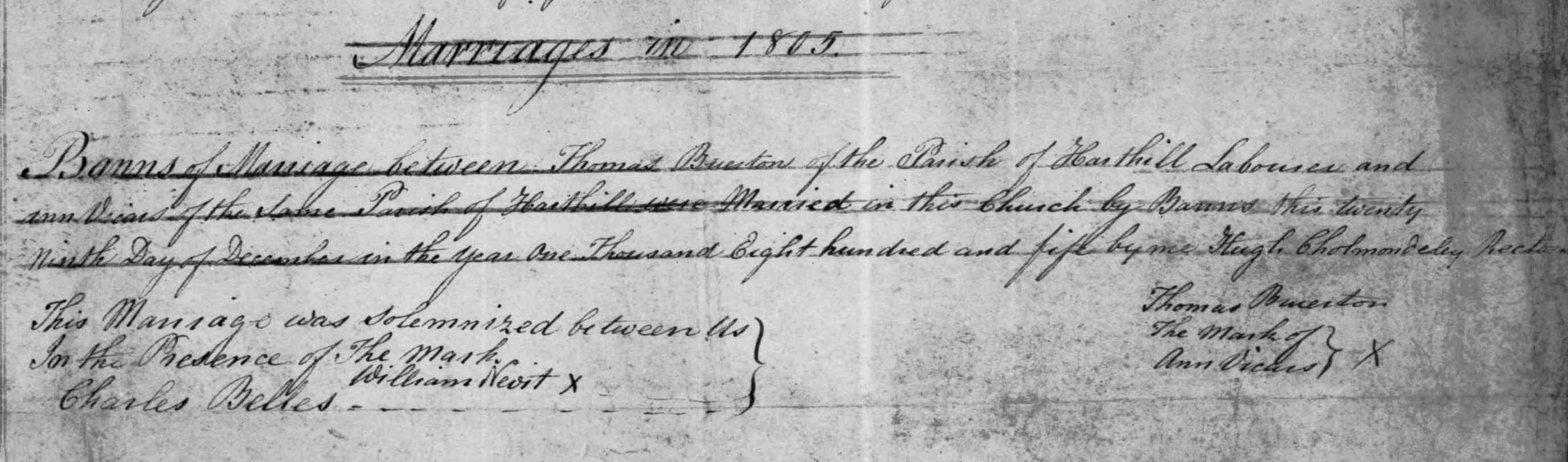 Taken in December 1805 and sourced from Certificate - Banns / License.