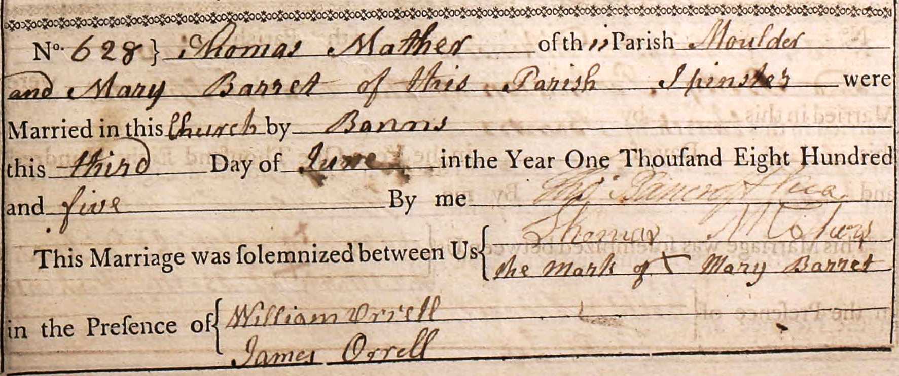 Taken on June 3rd, 1805 and sourced from Certificate - Marriage.