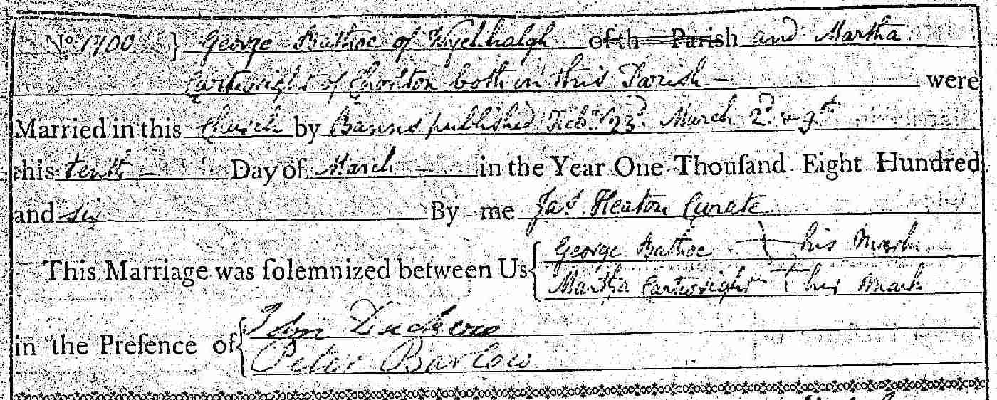 Taken on March 12th, 1806 in Malpas and sourced from Certificate - Marriage.